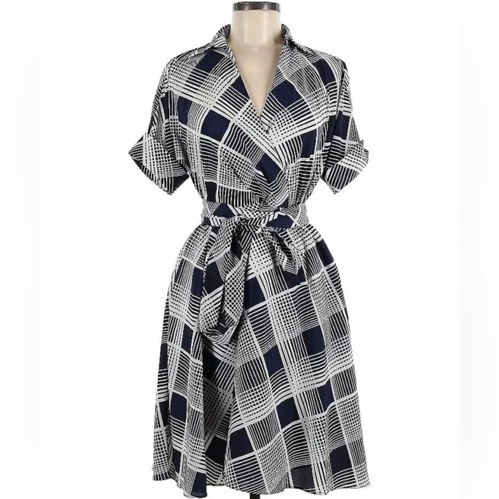 Eliza J Plaid Faux Wrap Dress Size 12P Blue/Ivory